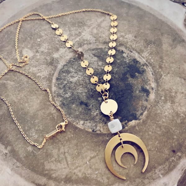 moon gazer // full moon, moonstone and crescent moon boho brass pendant necklace