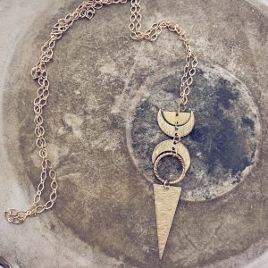 moon phases // half moon textured waxing and waning crescent, new moon and triangle pendant boho brass necklace