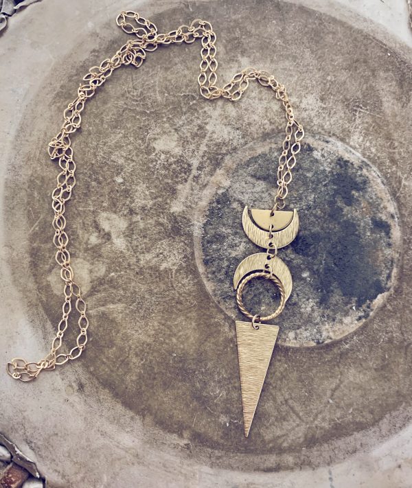 moon phases // half moon textured waxing and waning crescent, new moon and triangle pendant boho brass necklace